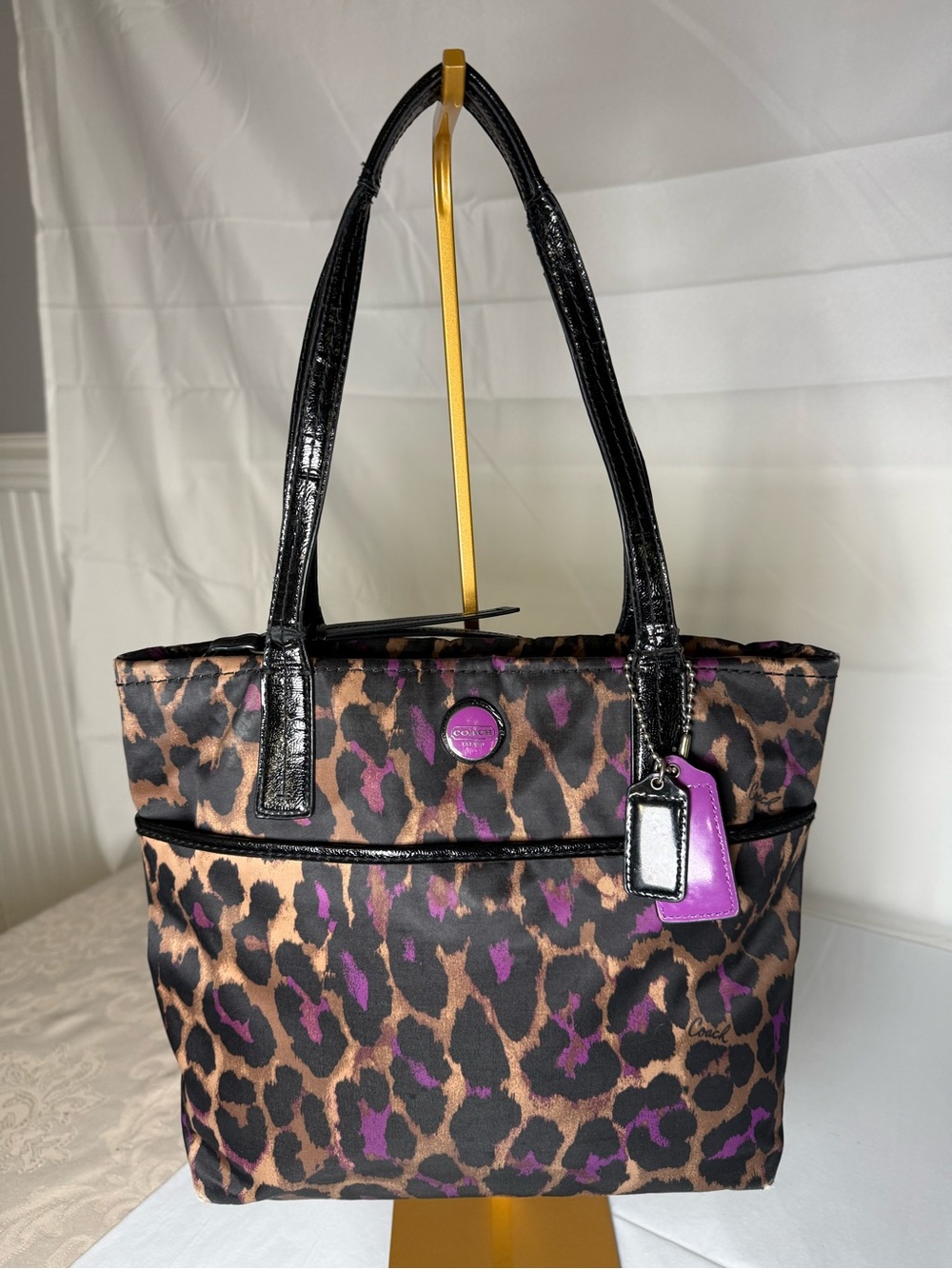 Coach F25282 Leopard Print Purple Patent Shoulder Bag Purse - Picture 2 of 14
